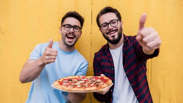 Foto dois homens alegres segurando pizza enquanto o homem barbudo mostra o polegar para cima sobre a parede amarela