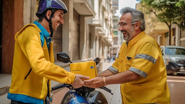 Foto dois homens apertando a mão de uma motocicleta e um homem vestindo colete amarelo