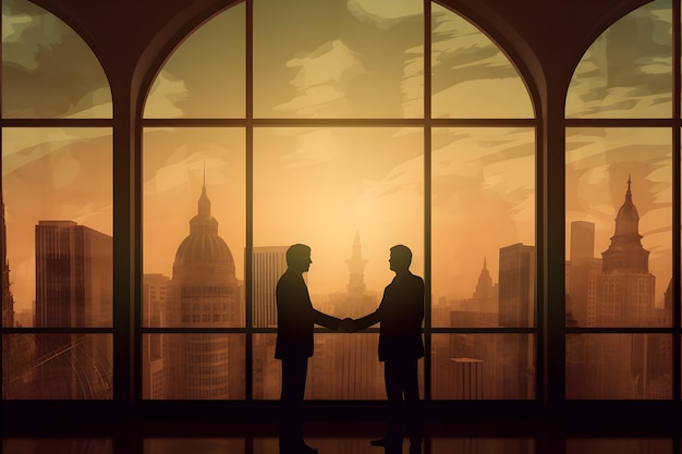 Dois homens apertando as mãos em frente a uma janela com uma paisagem urbana ao fundo.