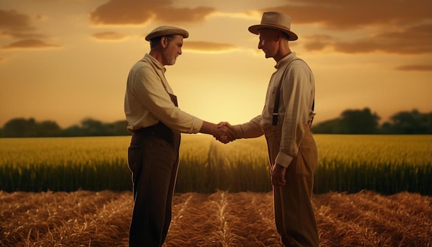 Foto dois homens apertando as mãos num campo com o sol atrás deles.