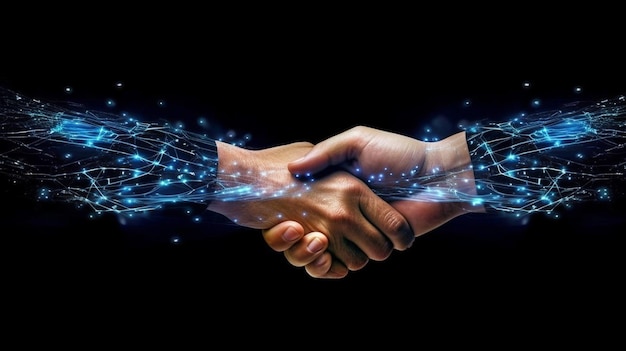 Dois homens apertando as mãos O mundo virtual Conceito de IA geradora de sucesso online
