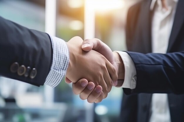 Dois homens apertando as mãos, um de terno e o outro com uma camisa que diz 'eu sou o chefe'