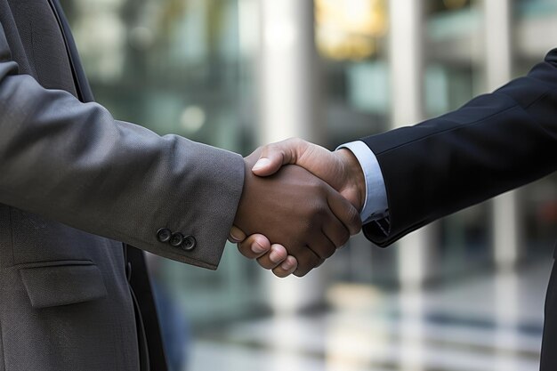 Dois homens apertando as mãos, um de terno e outro de terno.