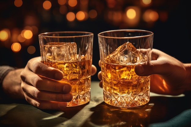 Dois homens brindam com uísque no balcão de pub