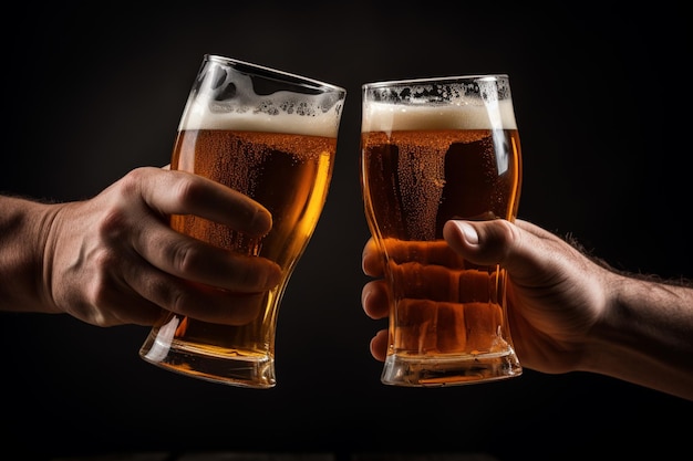 Foto dois homens brindando com copos de cerveja na frente de um fundo preto generativo ai