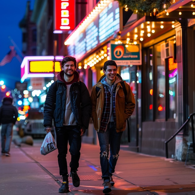Dois homens caminham pela calçada em frente a um sinal de néon que diz a palavra