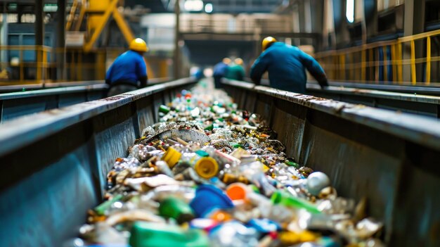 Dois homens classificando garrafas de plástico em uma fábrica de processamento de lixo