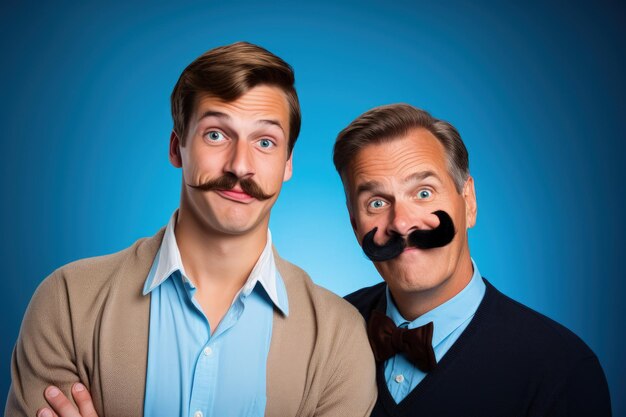 Dois homens com bigodes falsos na cara.