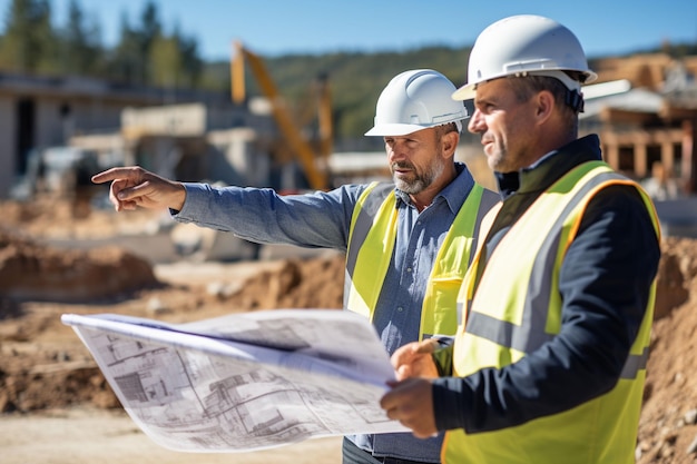 Foto dois homens com chapéus duros a falar sobre planos de construção