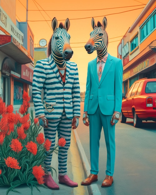 Dois homens com máscaras de zebra azuis estão em uma esquina de rua Ilustração artística