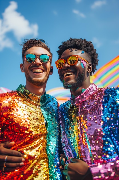 Dois homens com roupas de cores arco-íris estão sorrindo e posando para uma foto