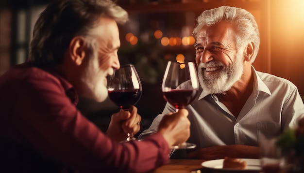 dois homens compartilhando uma taça de vinho no restaurante