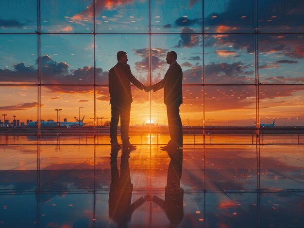 Dois homens de negócios apertando as mãos no lobby do aeroporto ao pôr do sol