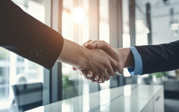 Foto dois homens de negócios confiantes apertando as mãos durante uma reunião no escritório de negociação de sucesso