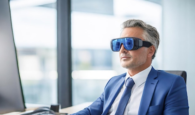 Dois homens de negócios de aparência europeia em um terno de negócios azul estão em um escritório moderno e brilhante o homem está sentado em um fone de ouvido de realidade virtual VR