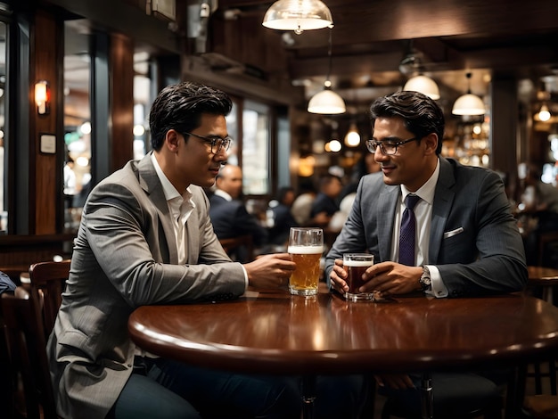 Dois homens de negócios reunidos num pub de cerveja.