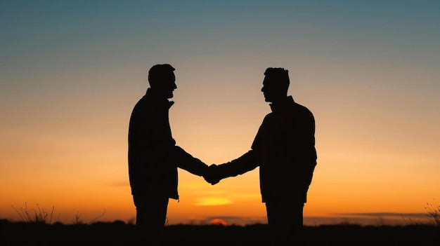 Foto dois homens de pé em frente a um belo pôr-do-sol eles estão apertando as mãos