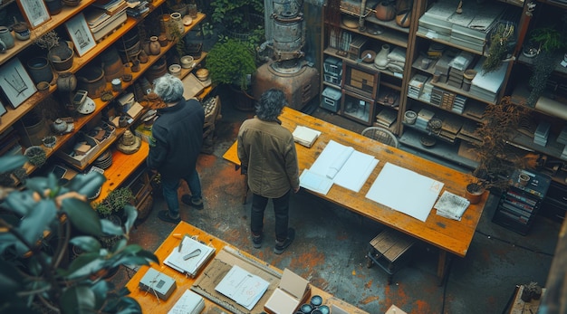 Dois homens de pé numa sala cheia de livros e plantas.