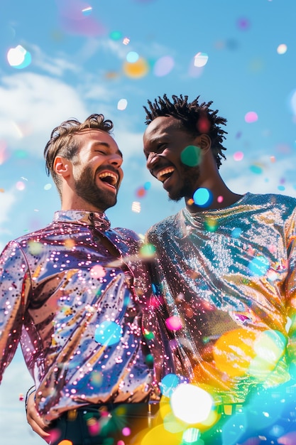 Dois homens de roupas brilhantes estão rindo e sorrindo para a câmera