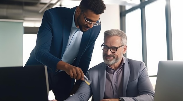 Dois homens de terno estão olhando para uma tela de computador, um deles está segurando um cartão de crédito.