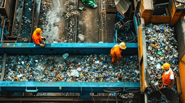 Foto dois homens de terno laranja trabalhando em uma correia transportadora em uma fábrica de processamento de lixo