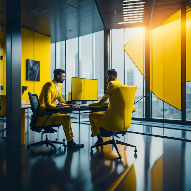 Dois homens de ternos amarelos sentam-se em uma mesa em um escritório com uma grande janela atrás deles.