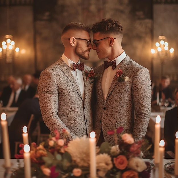 Dois homens de ternos correspondentes tocando as testas em um evento elegante com velas e flores