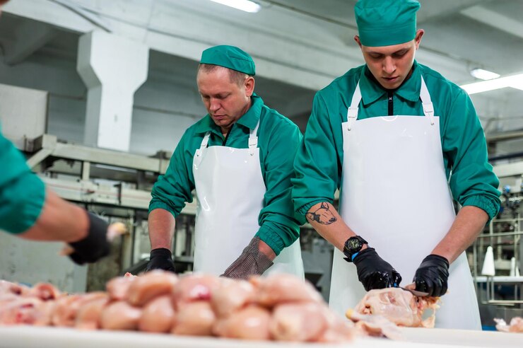 Foto dois homens de uniforme verde trabalham em uma mesa em uma fábrica.