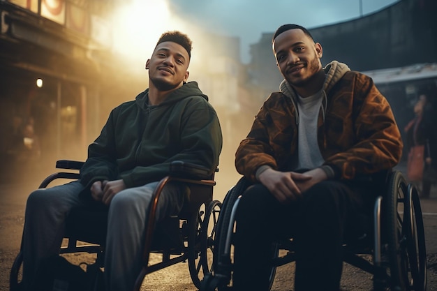 Foto dois homens em cadeiras de rodas passam tempo juntos