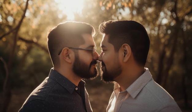 Dois homens em um parque, um deles tem barba e o outro tem uma luz no rosto.