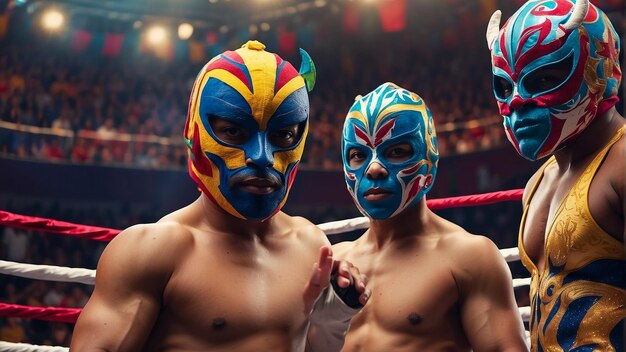 Foto dois homens em um ringue de boxe com um vestindo azul e amarelo e o outro com o outro azul e amarelo em seu rosto