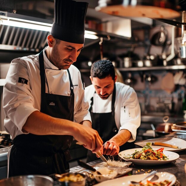 Foto dois homens em uma cozinha com um chapéu de chef