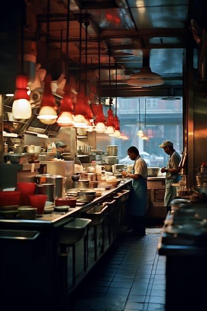 dois homens em uma cozinha com uma grande janela que diz "cozinhe"