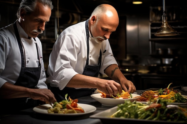 Dois homens em uma cozinha preparando comida com um deles vestindo um avental que diz "chef".