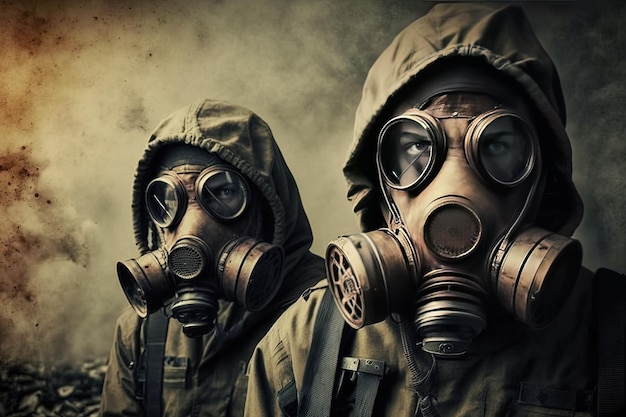 Dois homens em uma máscara de gás, homens, perigo militar, traje de saúde, radiação, filtro de fumaça, tecnologia, radiação, apocalipse, dano, respirador, desastre ambiental, conceito de perigo AI