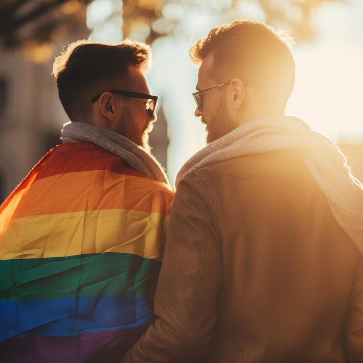Foto dois homens envoltos em uma bandeira de arco-íris