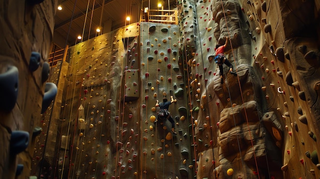 Foto dois homens escalam em uma parede de escalada coberta. a parede é feita de rochas de cores diferentes e tem muitos apoios e apoios diferentes.