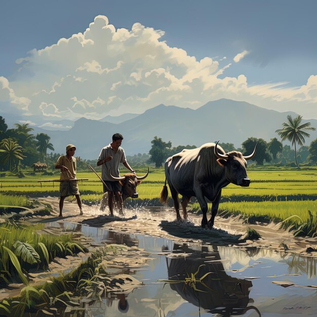 dois homens estão arando um campo de arroz com um touro