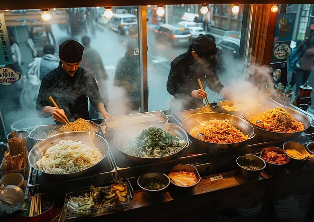 dois homens estão cozinhando comida em um restaurante com muita comida na mesa