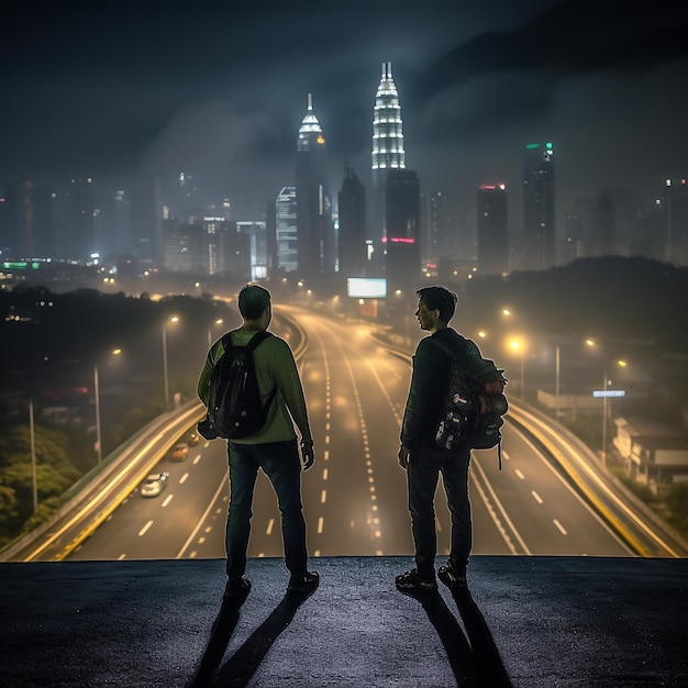 dois homens estão em uma saliência olhando para o horizonte da cidade