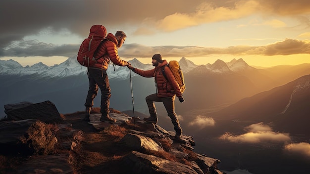 Foto dois homens estão no topo de uma montanha com montanhas ao fundo