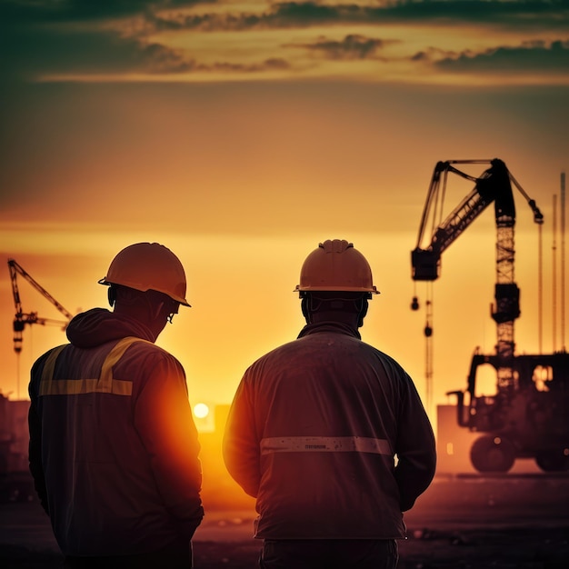 Dois homens estão olhando para um canteiro de obras com um pôr do sol ao fundo.