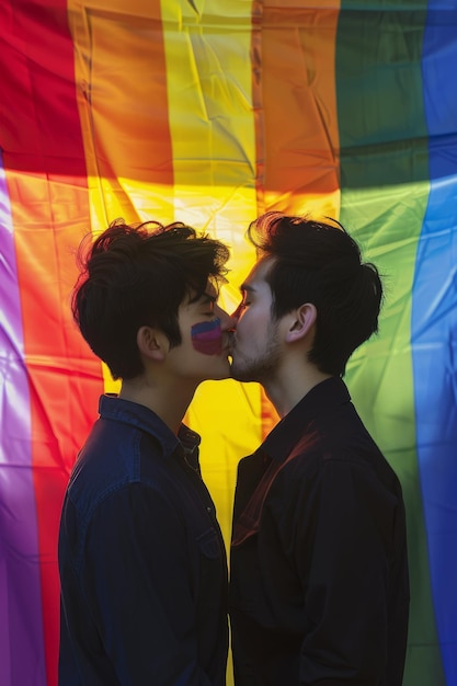 Foto dois homens estão se beijando na frente de uma bandeira arco-íris