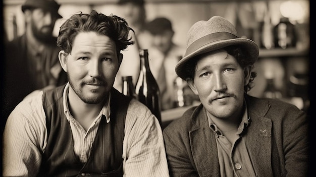 Dois homens estão sentados em um bar, um deles usando um chapéu fedora.