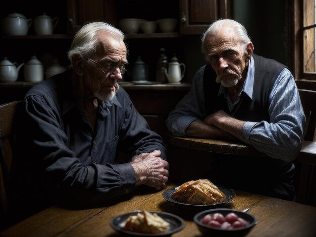 Dois homens estão sentados em uma mesa com comida à sua frente.