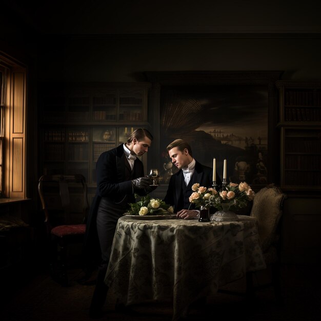 Foto dois homens estão sentados em uma mesa com uma toalha de mesa que diz a data