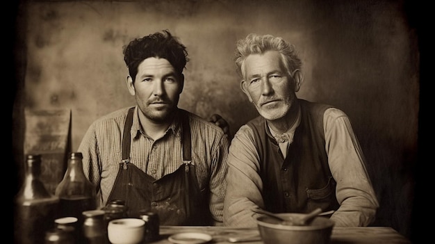 Dois homens estão sentados em uma mesa com uma xícara de café sobre a mesa.