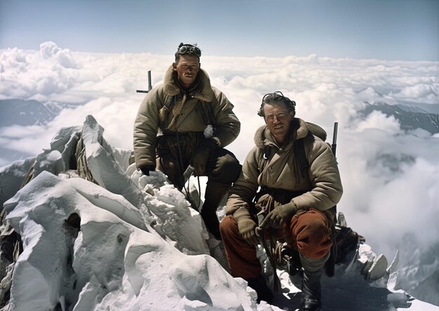 Foto dois homens estão vestindo casacos que dizem o nome da montanha