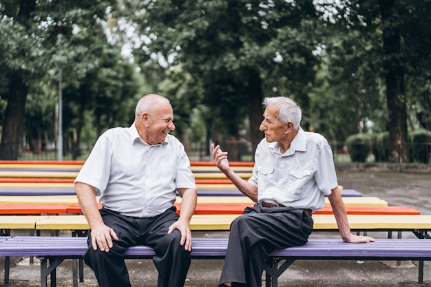 Dois homens idosos idosos têm uma conversa ao ar livre no parque da cidade.