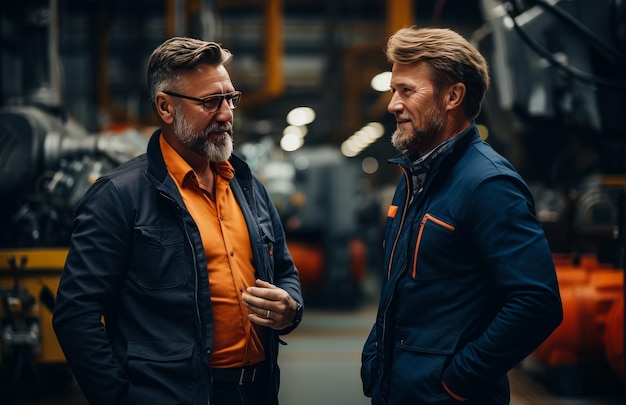 Dois homens maduros vestindo uniformes azuis estão conversando e sorrindo Pessoas de negócios na fábrica Fonte industrial desfocada IA generativa